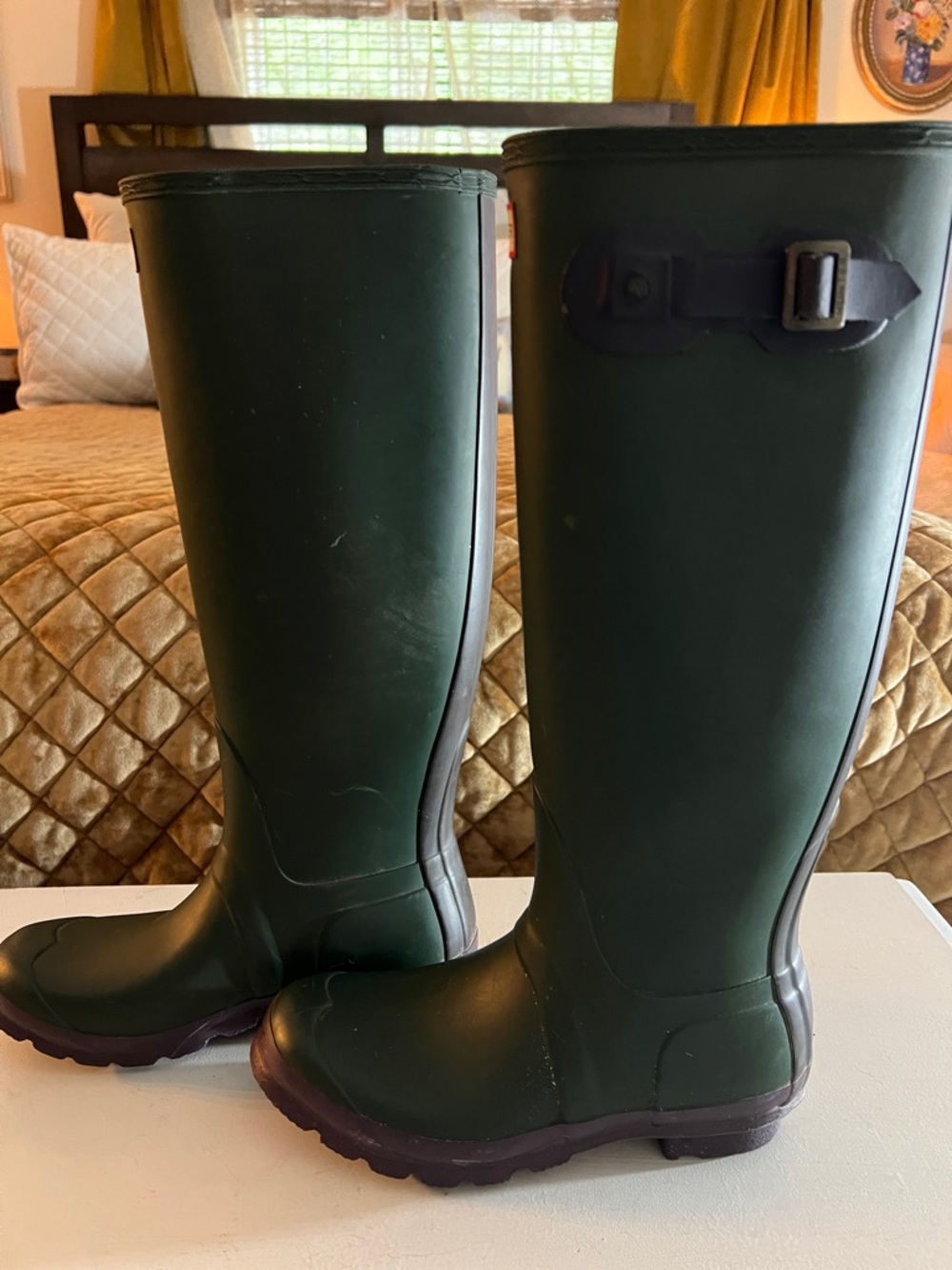 Hunter Dark Green Tall Rain Boots with Purple Soles. Limited edition. - Picture 2 of 9